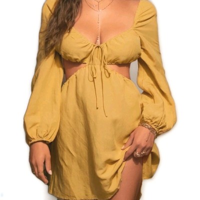 EMORY PARK Dress Size L Yellow Bohemian Cut Outs Low Back Babydoll Linen Blend