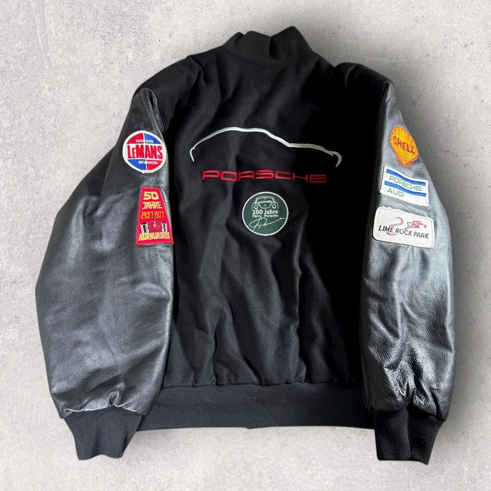 Chaqueta Universitaria Porsche Años 90 Bordada Lana Cuero Talla XL EE. UU. Rara Foto 2 de 4
