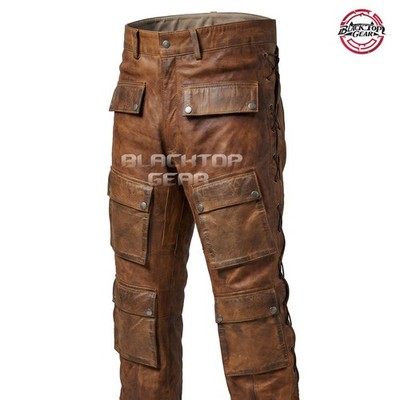MEN'S REAL COWHIDE LEATHER LEDERHOSEN PANT TROUSER TAN WAXED CUIR JEAN BIKERS