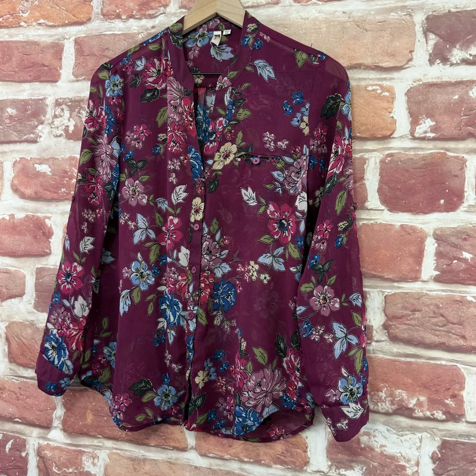 KUT from the Kloth Top Womens XS Petite Purple Burgundy Floral Sheer Shirt - Image 3 of 4