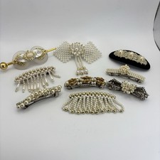 Vintage Lot 9 Pearl Barrettes Hair Clips Tension Spring 80s 90s Y2K Plastic