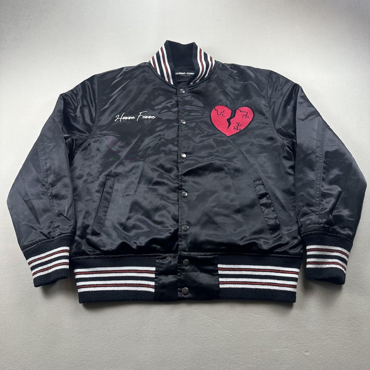 Homme + Femme Bomber Jacket Mens Large Black Satin Snap Crazy Love