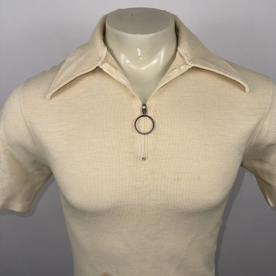 Vtg 60s 70s Zip Shirt Sears Disco Hippy Boho Mod Acrylic Ribbed Knit Mens Large - Image 3 of 4