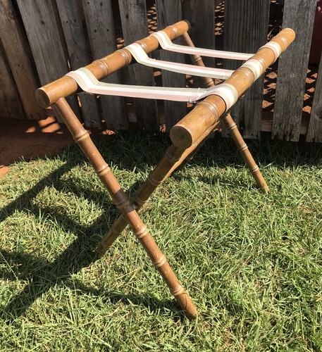 VTG Bamboo Folding Luggage Rack Stand MCM Boho Coastal Striped Top, Beach Tiki