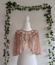 Rose Gold Sequin Shawl Sheer Beaded Bolero Bridal Wedding Formal CoverUp Capelet