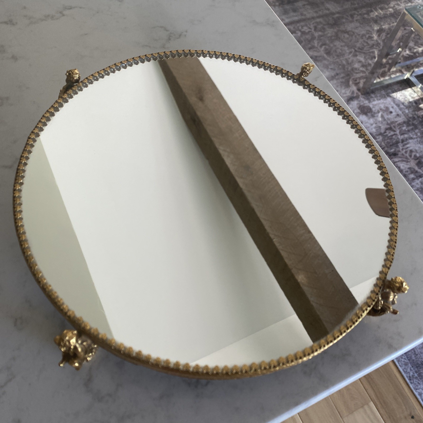 Vintage Vanity Tray Ormolu Gold Angel Cherub Footed Round Mirror 10” Style Built