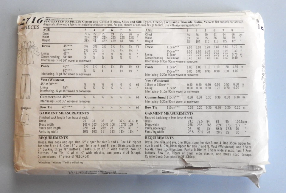 Style 2716 sewing pattern Flower Girl Dress & Page Boy outfit Ages 3-8 NEW UNCUT - Image 2 of 2