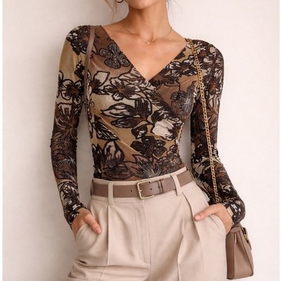 Cache Womens Floral Mesh Faux Wrap Top Brown Tan Long Sleeve Y2K Surplice g3