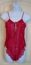 VTG ALANA GALE TEDDY BODYSUIT PLAYSUIT ROMPER PLUNGE HIGH LEG LACE NYLON RED MED