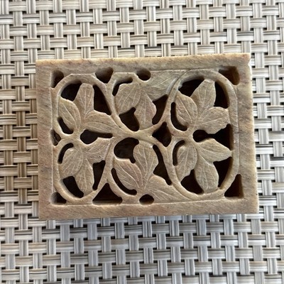 Stone Hinged Lidded Box Chiseled Leaf Motif Cutout Lid 4  X 3  Approximately