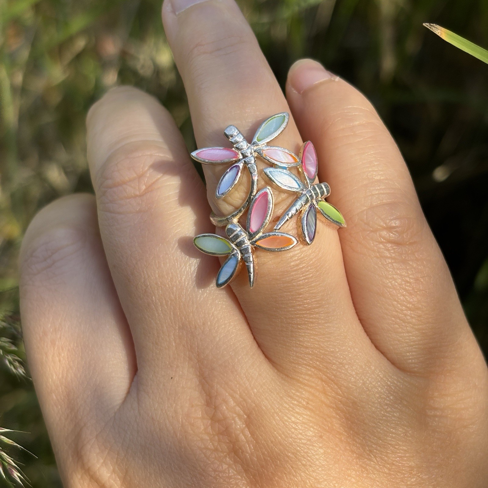 Sterling Silver MOP Multiple-Colors Dragonfly Rin… - image 1