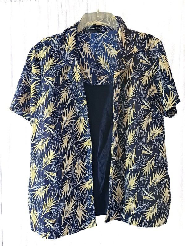 Elementz Womens Navy Blue Palms Button-down Shirt Size XL Short Sleeve