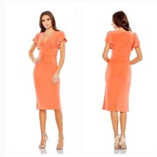 Mac Duggal Coral Orange Flutter Sleeve V-Neck Pleated Sheath Midi Dress 2 NEW