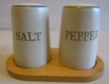 Old East Main Co, Ceramic Salt and Pepper Shakers on Wooden Stand. New.