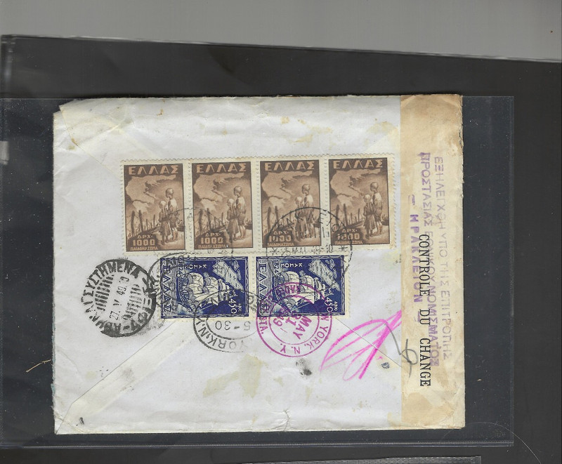 GREECE-COVER -1949-REGISTERED-CENSOR -AIR MAIL TO NEW YORK-FRANKING!!-AV-#555