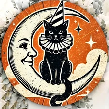 Tin Metal Sign Vintage Cat and Moon Halloween Round Wall Art 8x8