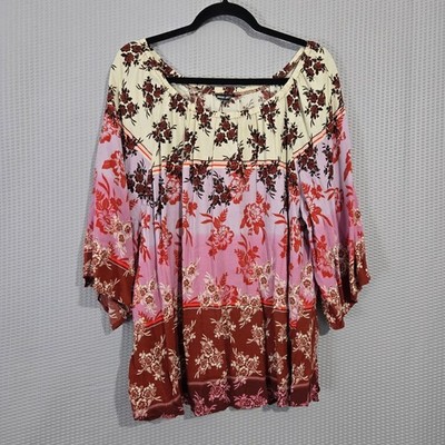 Unique Spectrum Peasant Blouse 2X Pink Floral Rust 3/4 Bell Sleeve Boho Tiered