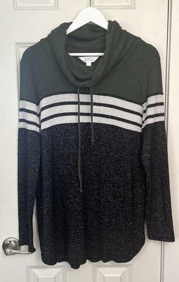 Market & Spruce Green/White Striped Cowl Neck Drawstring Sweatshirt Women s L