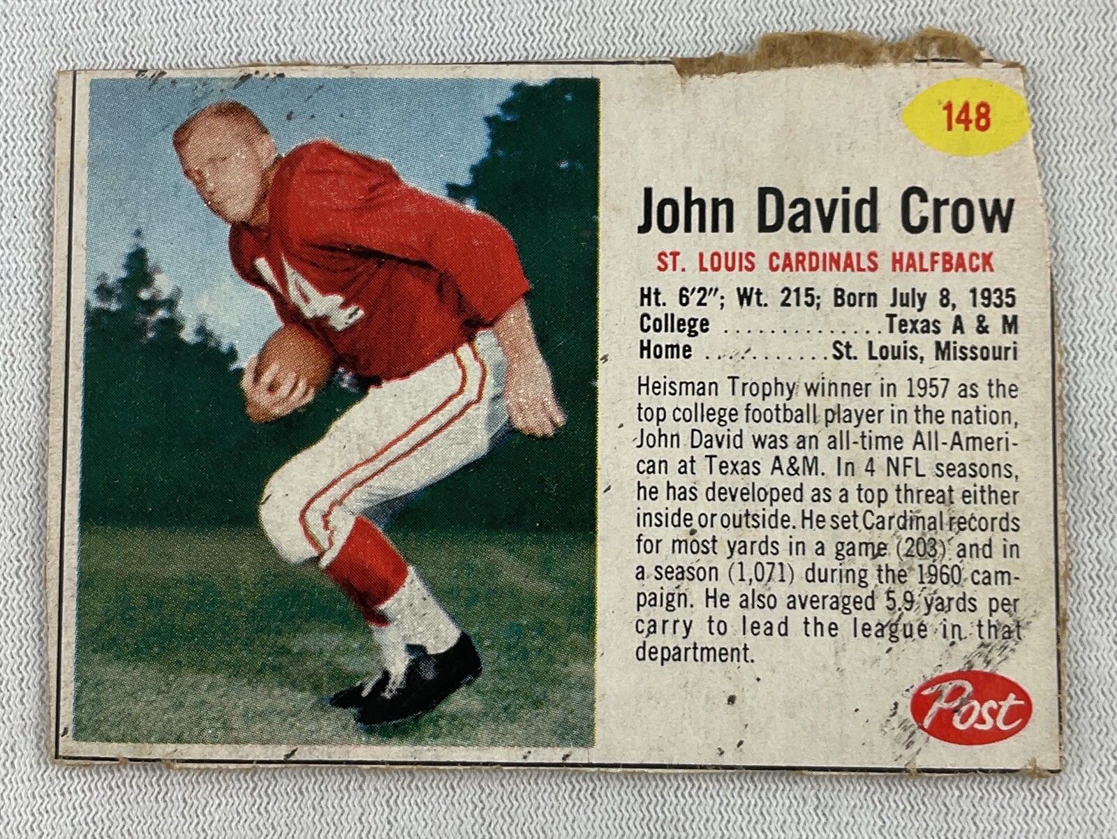 John David Crow #148 Football Cards 1962 Post Cereal trading card — raw and PSA graded price guide