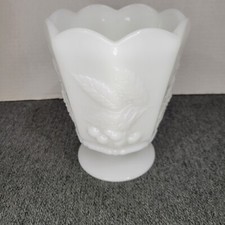 VIntage Napco 1186 Milk Glass Footed Vase Grapes & Cherries 6" tall, made in usa