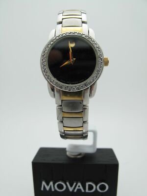 Movado Ladies Diamonds & Two Tone Stainless Steel Black Dial Watch 0605512