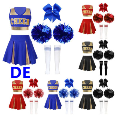 DE Kinder Mädchen Cheer Leading Kostüm Crop Top Minirock Socken Pompoms Tanz Set