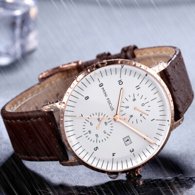 MINI FOCUS Men Minimalist Casual Quartz Watch Leather Strap Calendar Wristwatch