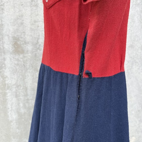 Vintage 1930s 40s Red Blue Wool Color Block Dress Embroidered ME Deco Stitched - Picture 13 of 14