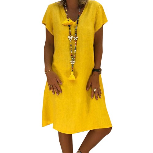 Knielanges Damenkleid lässig locker schlicht V-Ausschnitt Kaftan Shirtkleider Übergröße - Bild 12 von 16