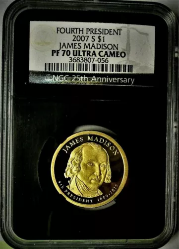 2007 S NGC PF 70 ULTRA CAMEO JAMES MADISON PROOF DOLLAR! RETRO LABEL!