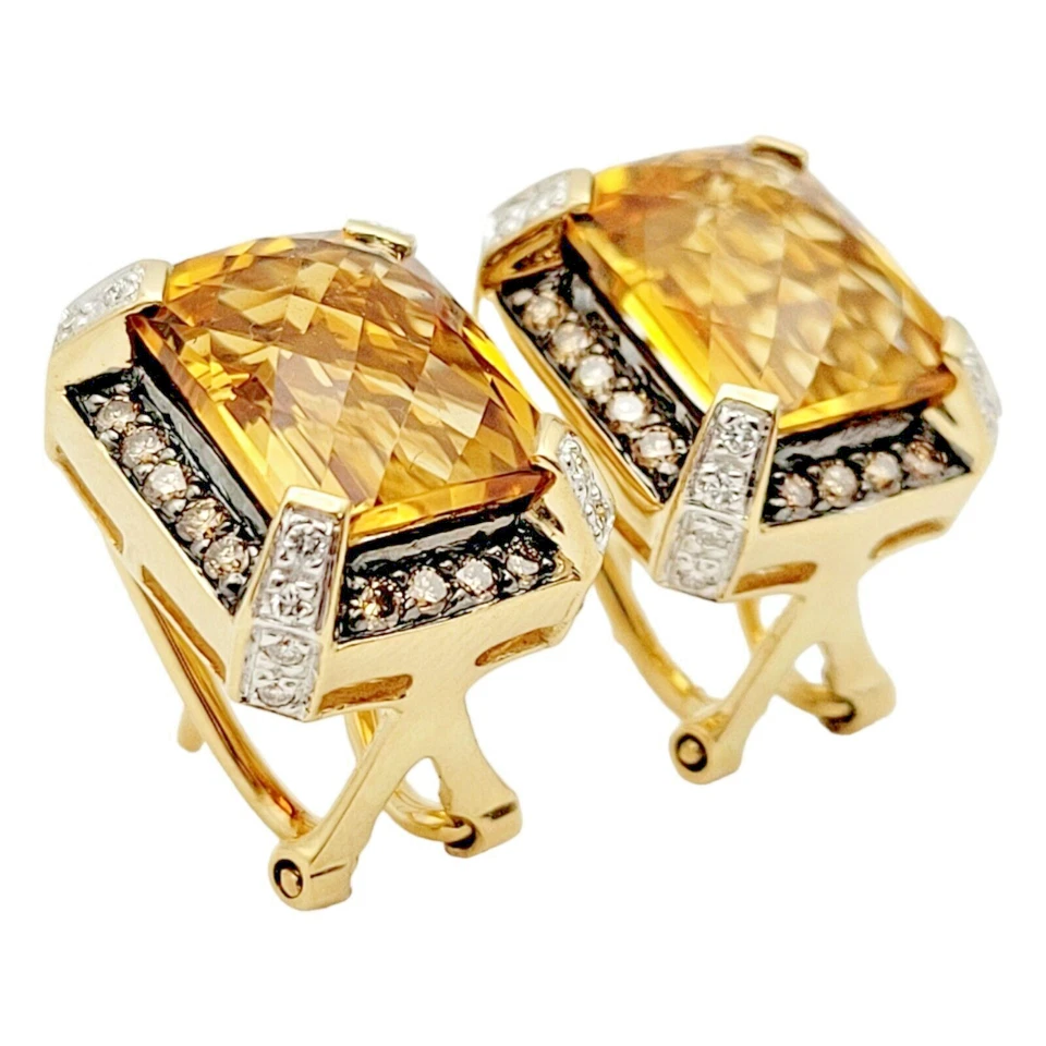 Pendientes corte esmeralda citrino y diamantes marrones/blancos de lujo oro amarillo de 14 quilates Foto 3 de 4