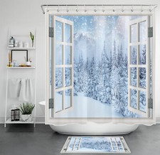 White Window Winter Scene Snowy Forest Shower Curtain Bathroom Accessories Set