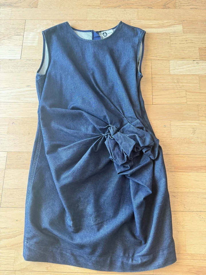 LANVIN DENIM DRESS WITH  RUCHING / FLORAL DESIGN IN FRONT 40 - Image 4 of 4