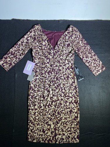 JS Collections Kelly Sheath Dress Embroidered Gold Leaf & Merlot Size 4 - Picture 8 of 13