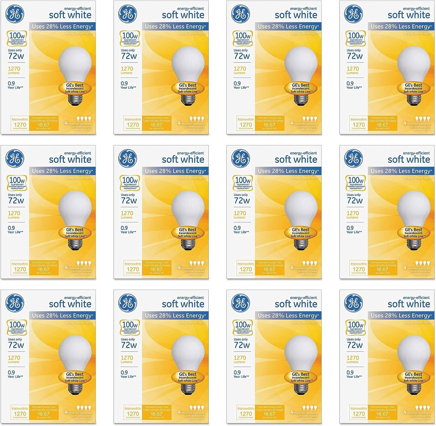 Ge 66249 A19 72 Watt Soft White Bulb, 3x 4-Pack (12 Bulbs)