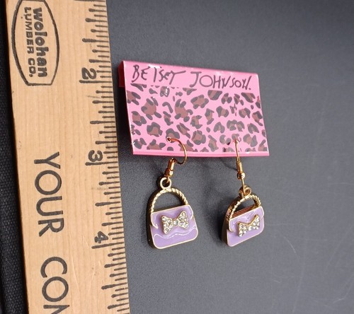 New Betsey Johnson Enamel Rhinestone Purple Bow Purse Bag Drop Earrings With Tag - Picture 2 of 3