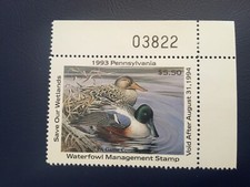 ICOLLECTZONE  US 1993 Pennsylvania Duck Stamp Plate Number Sinlge VF NH