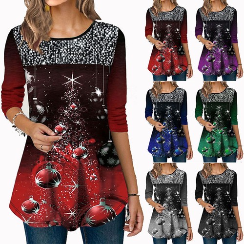 Womens 3/4 Christmas Print T-shirt Tops Casual Loose Crew Neck Blouse | eBay