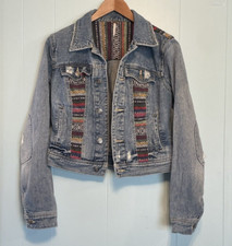 Free People Distressed Boho Denim Jacket w/ Tapestry Women's Sz 2