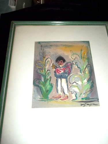 DeGrazia Serigrafie Siebdruck handgemalt Junge und Hahn signiert ca. 50er Jahre - Bild 10 von 19