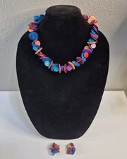 VTG Wood Disc beaded Boho necklace  earrings Set VGC