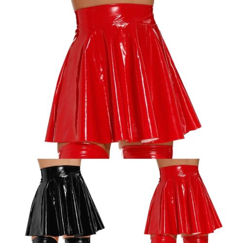 Sexy Red Pleated Skirt with Wet Look PVC Leather for Women's Dance Party - Picture 1 of 14