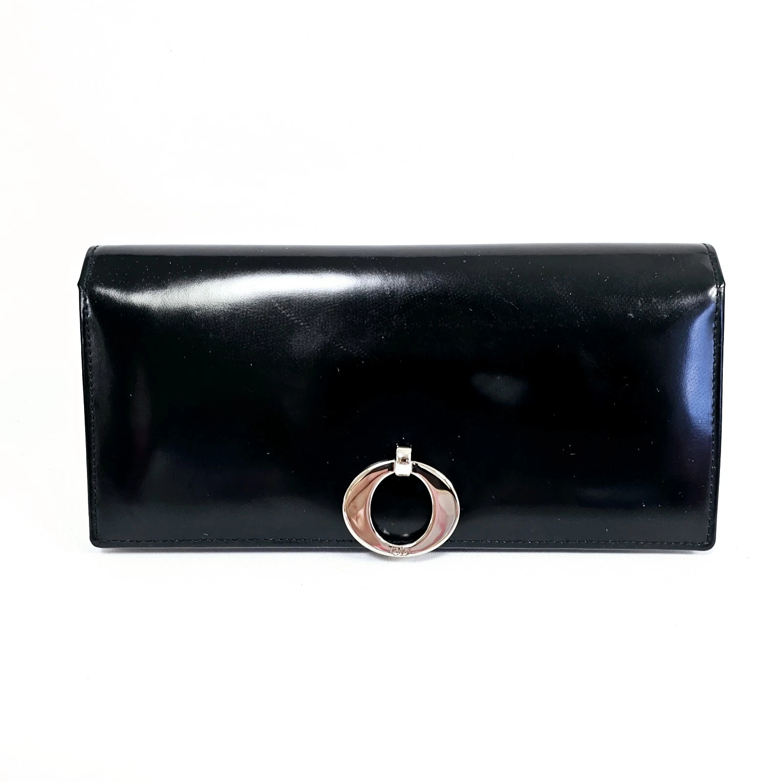 Portefeuille femme Christian Dior cuir verni noir long double pli