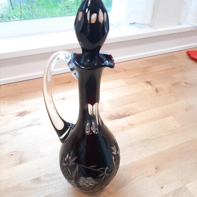 Czech Cut To Clear Bohemian Wine Decanter 14'' Deep Ruby With Stopper