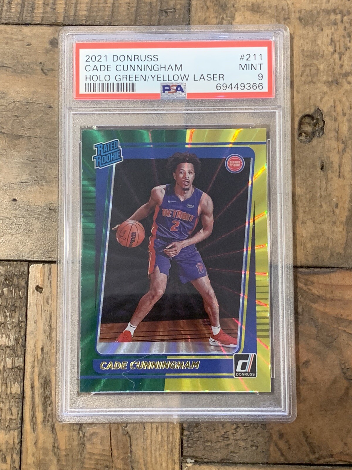 2021-22 Donruss Cade Cunningham #211 Holo Green Yellow Laser PSA 9 Pistons
