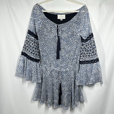 Alexis Lanelle Mini Dress XS Boho Embroidered Crochet Flare Sleeve Peasant Blue