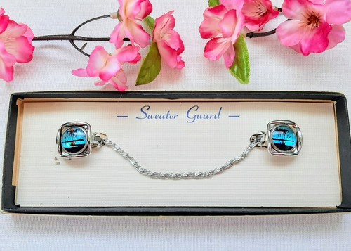 VTG Sweater Guard Cardigan Clip Silver Tone Blue w/Palm Trees Original Box - Picture 19 of 22