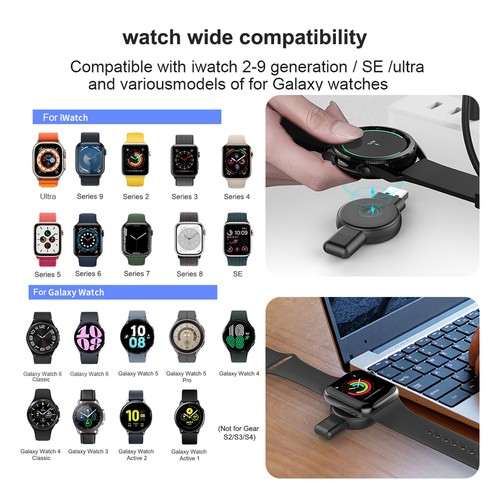 2in1 Portable Wireless Watch Charger For Apple iWatch 9 8 7/Galaxy Watch 6 5 4 3 - Photo 5 sur 26