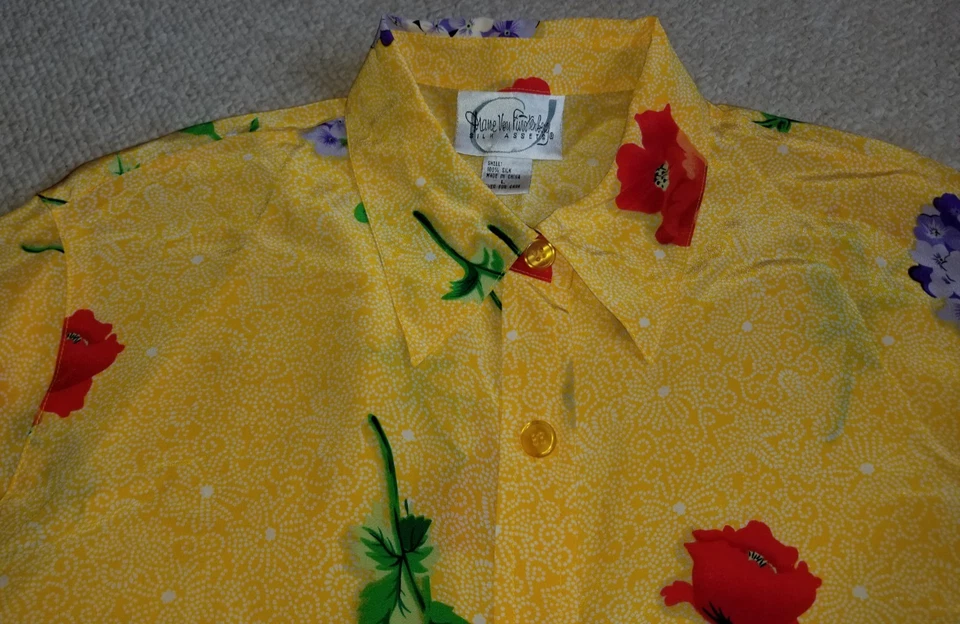 ВИНТАЖНЫЙ 90-х женщин Топ-DIANE VON FURSTENBERG-желтый цветочный шелк на пуговицах ls-L - Изображение 3 из 4