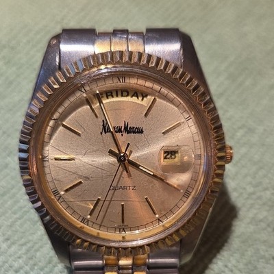 Neiman Marcus Quartz Analog Wristwatch Two-Tone Band Gold Case Day/Date